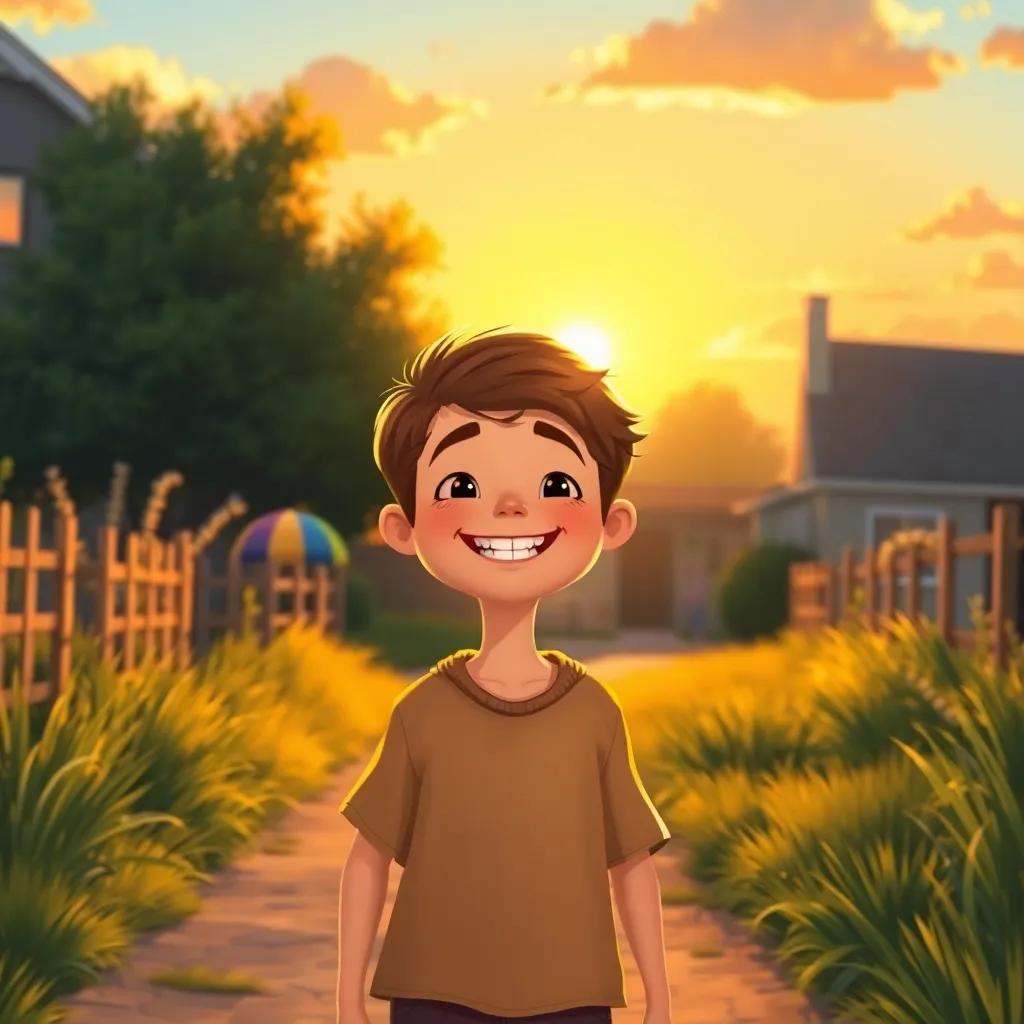 Johnny, a young boy with short brown hair, smiling brightly as he walks home with the setting sun behind him, golden light illuminating the path, surrounded by happy memories and new friends, digital painting, warm colors, uplifting atmosphere, high quality