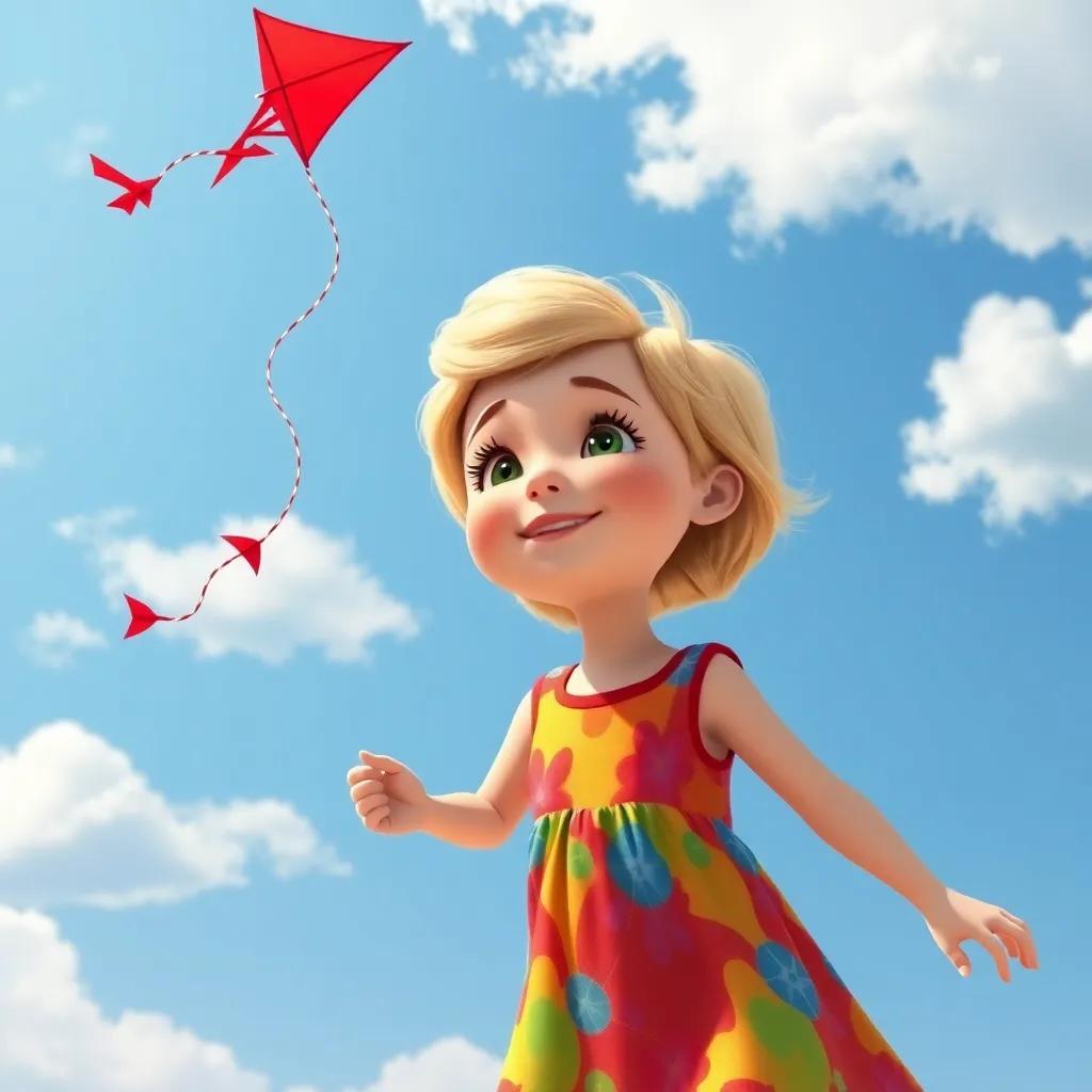 A young girl, Lucy, with short blonde hair, wearing a colorful dress, flying a bright red kite in a blue sky with fluffy white clouds, cheerful atmosphere, digital art, vibrant colors, playful scene, high quality