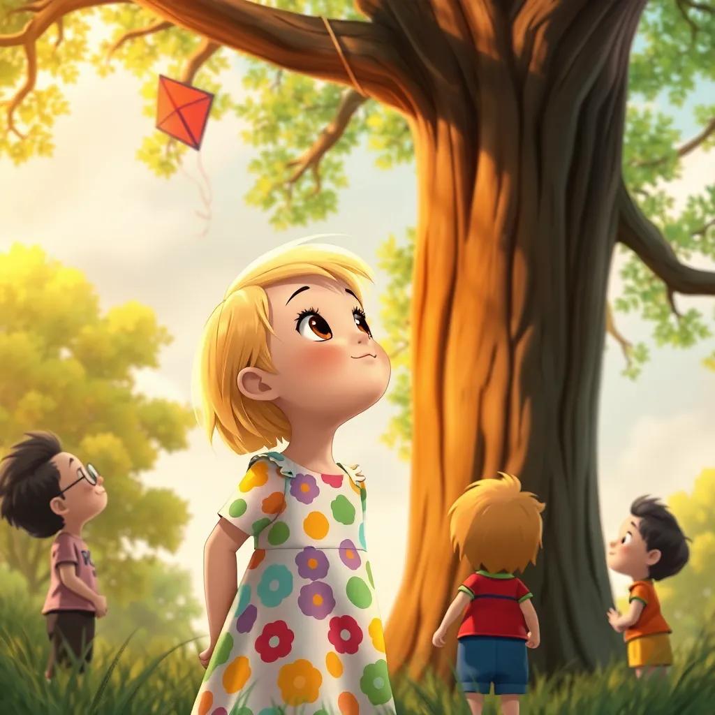 Lucy, a young girl with short blonde hair in a colorful dress, looking up at a tall tree with her kite stuck in the branches, friends standing around her, detailed illustration, warm colors, engaging scene, child-friendly