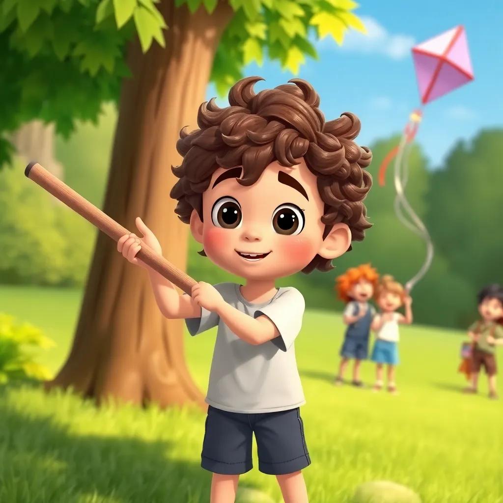 Sam, a young boy with curly brown hair in a t-shirt and shorts, holding a long stick trying to poke at the kite stuck in the tree, with friends cheering him on, cartoon style, fun details, colorful scene, bright light