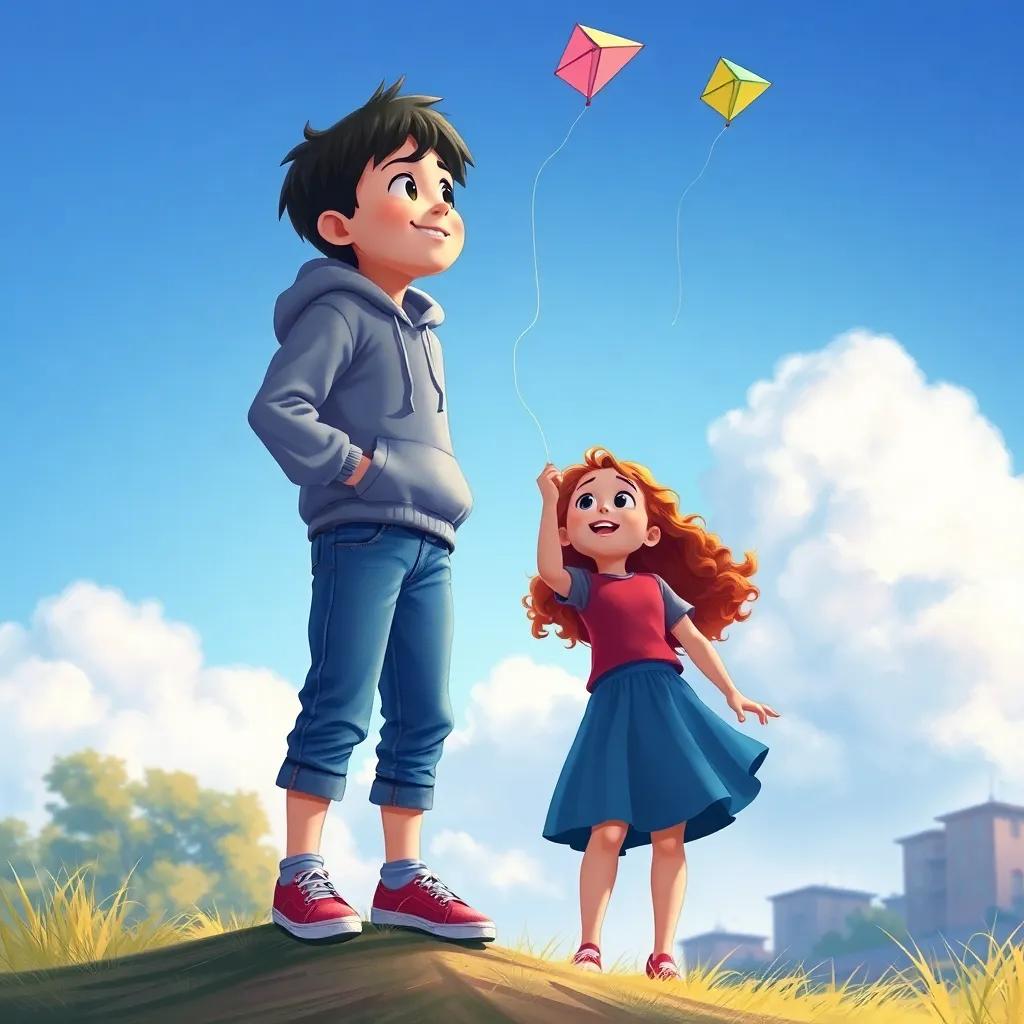 Leo, a young boy with straight black hair in a hoodie and jeans, standing on Mia, a young girl with curly red hair in a skirt, both looking up at the stuck kite with excitement, teamwork view, digital painting, playful vibe, high quality