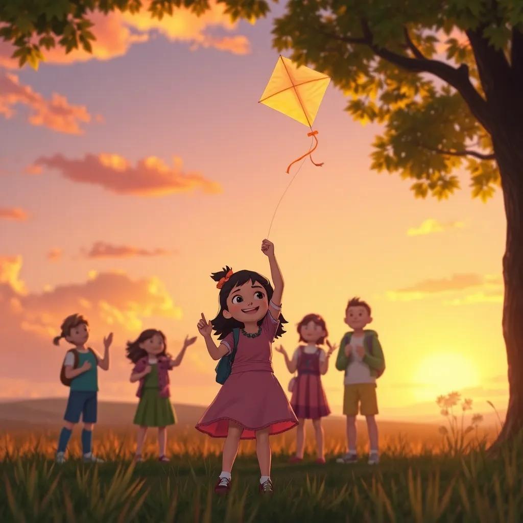 Lucy, happy and holding the stick with her friends cheering, the kite finally freed from the tree, in a beautiful sunset atmosphere with golden light, collaborative scene, warm colors, heartwarming moment, artful