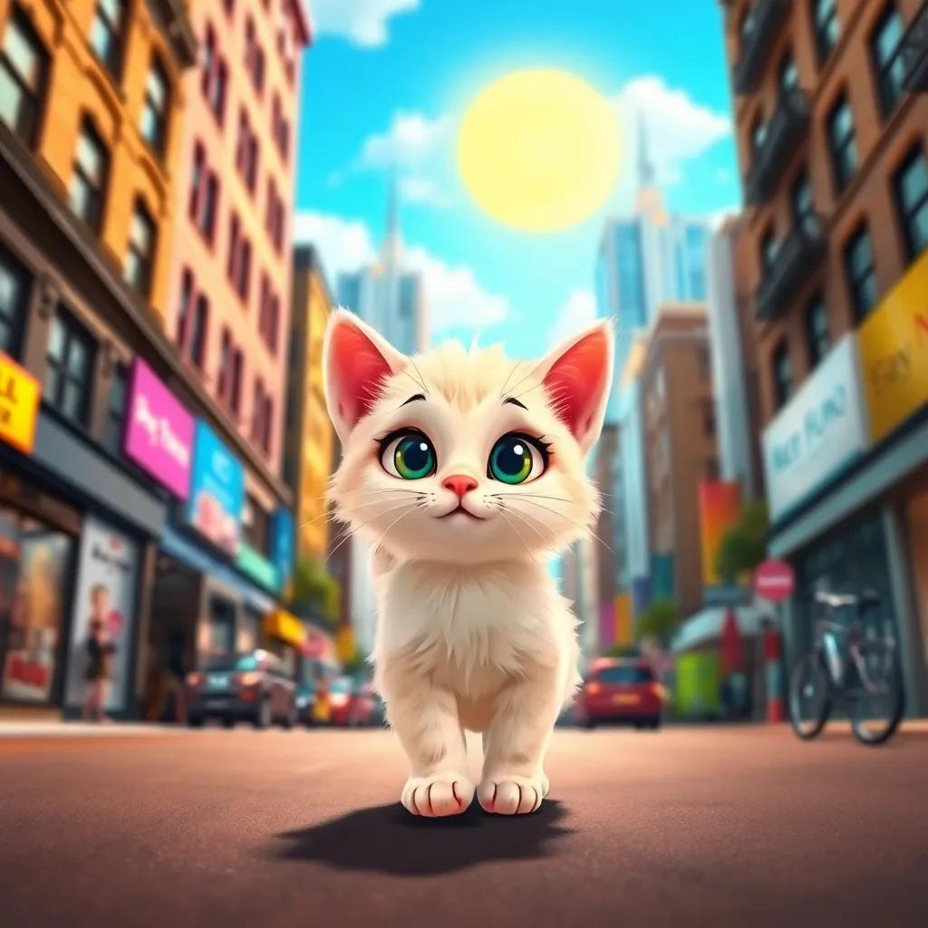 A small, fluffy kitten named Bella with big, curious eyes, wandering through a busy city street, surrounded by tall buildings and a sunny sky, digital art, colorful, vibrant atmosphere, cheerful perspective, high quality