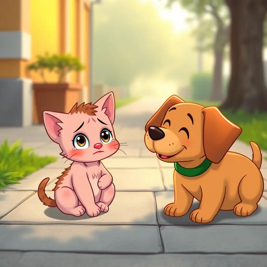 A scared little kitten, Bella, sitting on the sidewalk with tears in her eyes, a friendly brown Labrador dog, Max, with floppy ears approaching her with a kind smile, illustration, warm colors, comforting scene, child-friendly
