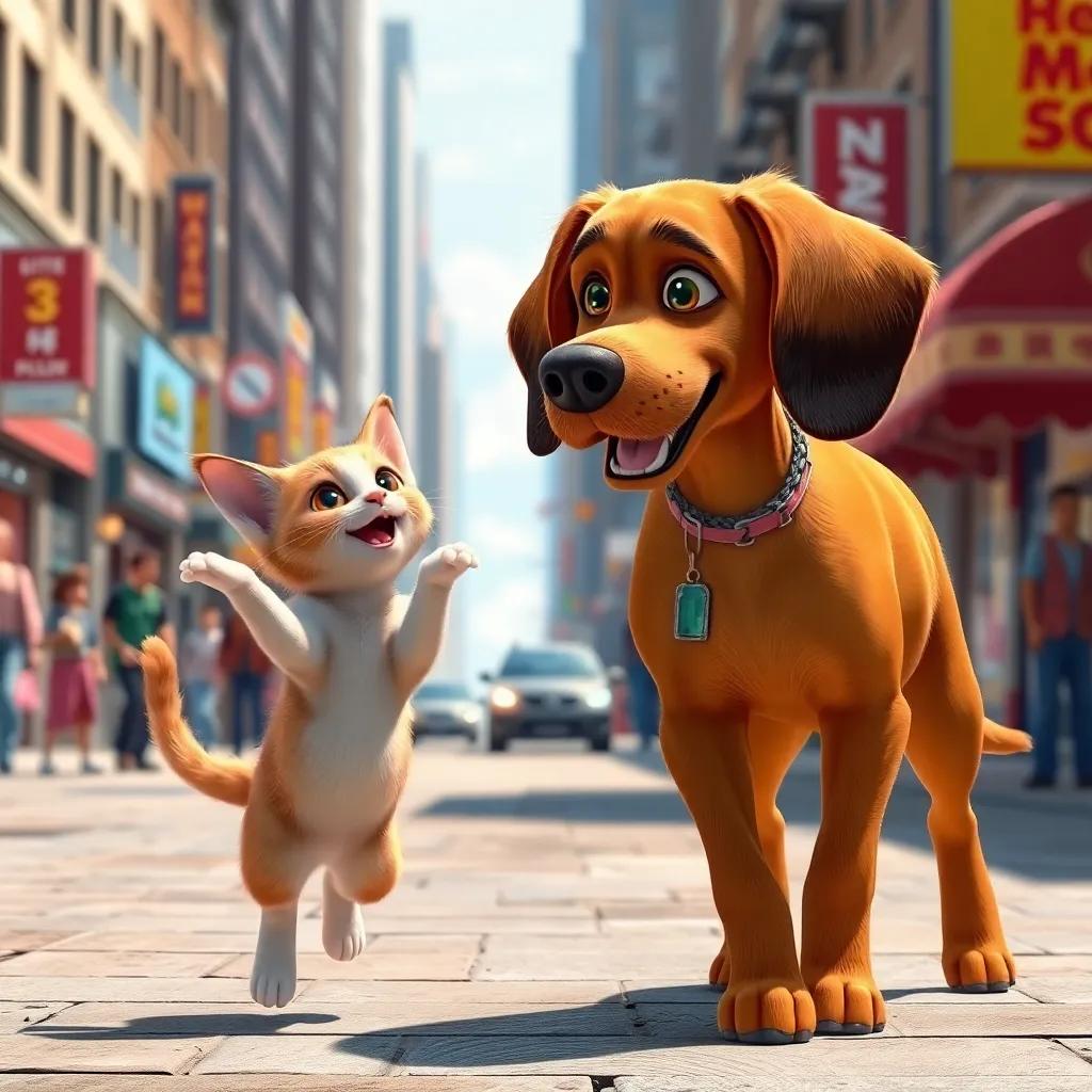 Bella, the lost kitten, jumping up excitedly as Max, the brown Labrador with floppy ears, invites her to follow him, walking together on a busy city street, detailed digital art, bright and lively surroundings, high quality