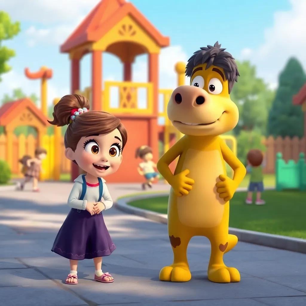 Bella and Max passing a playground with children playing, Bella watching with wide eyes, joy in her demeanor as Max encourages her to join the fun, cheerful illustration, vibrant colors, uplifting atmosphere