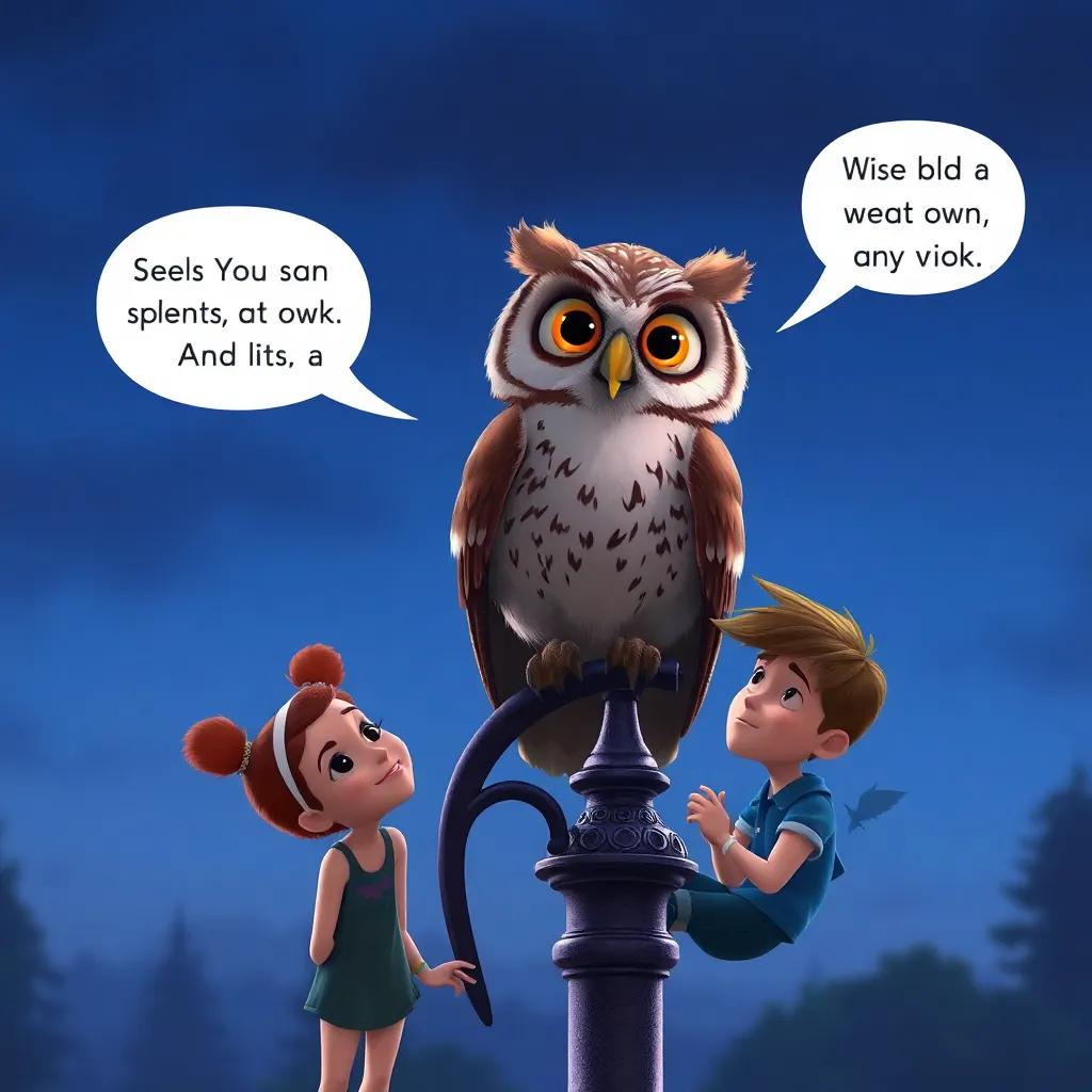 A wise old owl perched on a lamp post, with big round eyes and brown and white feathers, talking to Bella and Max, as they listen carefully, twilight background, magical feel, artstation, high quality