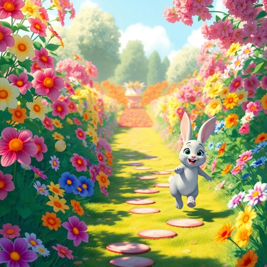 A beautiful path of flowers leading to a garden, colorful blossoms all around, with Bella, Max, and Lily the bunny hopping happily together, joyful digital painting, bright colors, heartwarming scene
