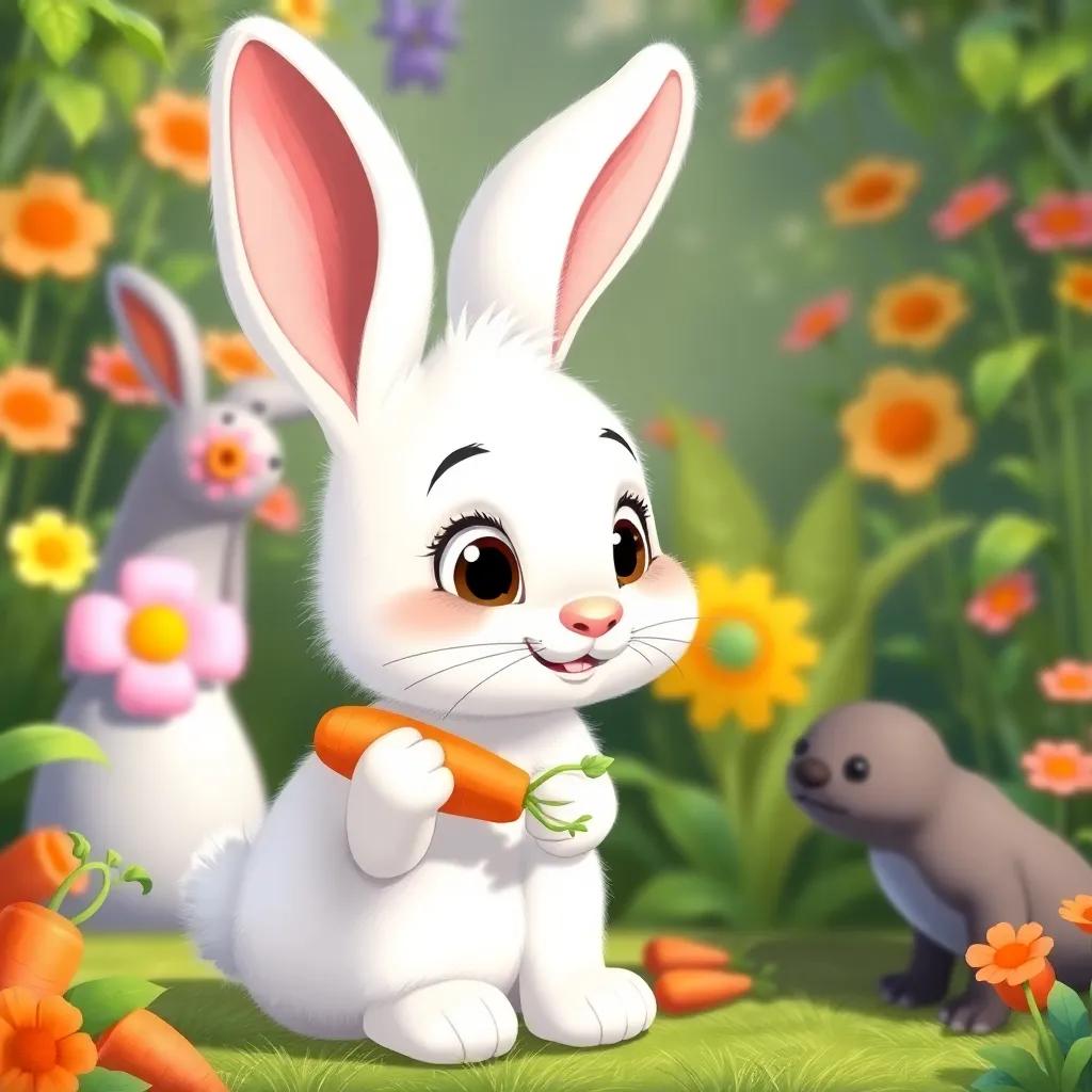 A sweet little bunny named Lily with soft white fur and big floppy ears, nibbling on carrots, smiling at Bella and Max, surrounded by a lush garden, detailed illustration, cheerful, vibrant colors, child-friendly