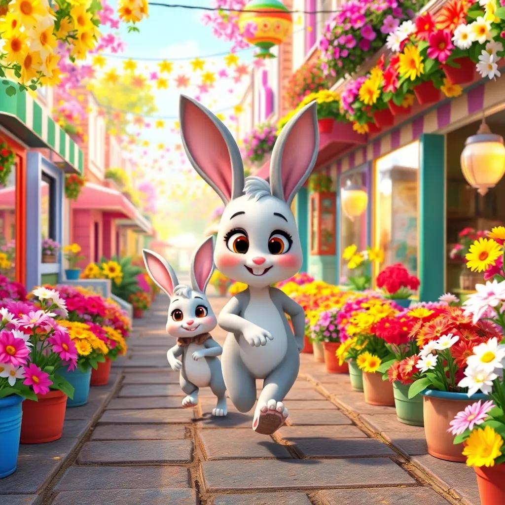 Bella following Lily the bunny through a lively street filled with colorful flower shops, bright blossoms everywhere, Bella happily hopping alongside, colorful digital art, engaging atmosphere, high quality