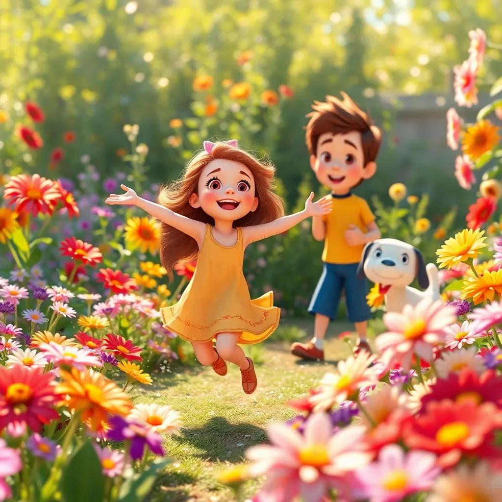 Bella joyfully dancing among colorful flowers in the beautiful garden, with Max and Lily cheering her on, sunny day, warm light, delightful scene, digital painting, vibrant details, child-friendly