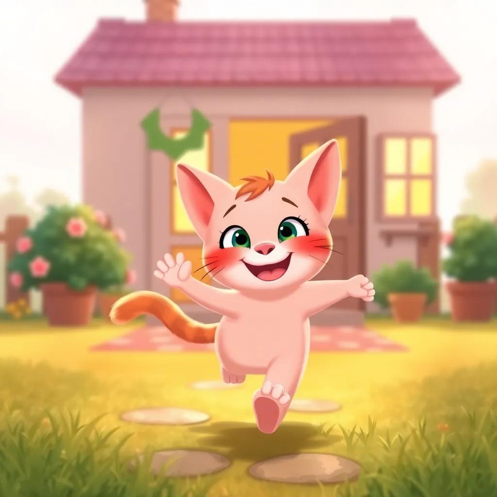 Bella the kitten happily running home with a big smile, waving goodbye to Max and Lily, with her cozy home in the background, heartwarming illustration, inviting colors, uplifting ending scene