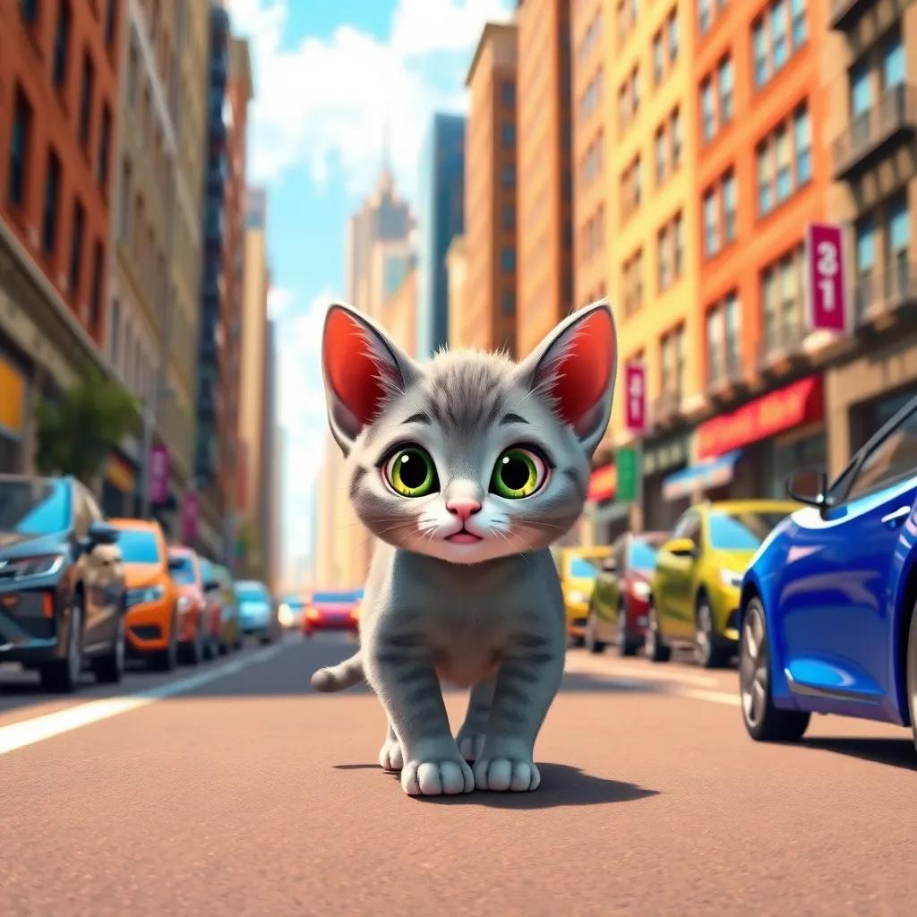 A little gray kitten, Bella, with big bright green eyes, exploring the busy street filled with tall buildings and colorful cars, sunny day, vibrant colors, cheerful atmosphere, high quality