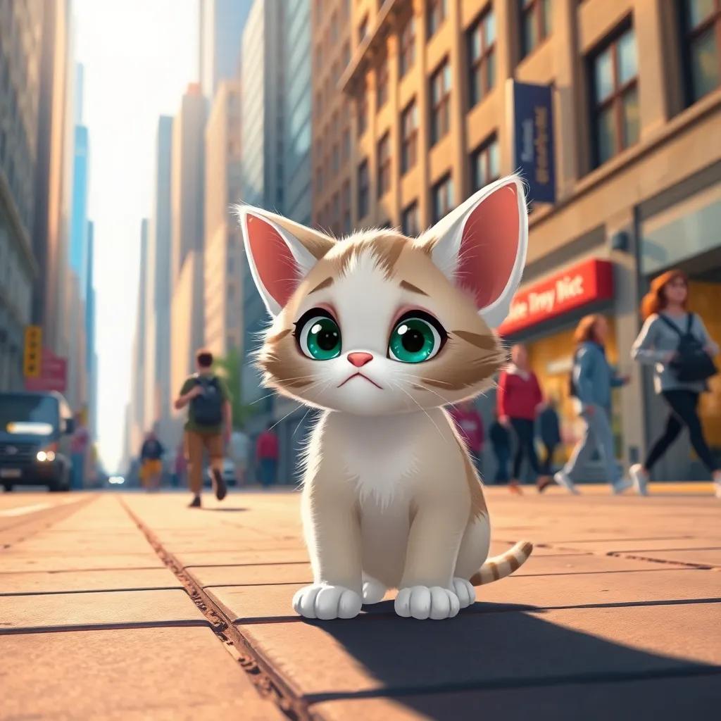 Bella the kitten looking confused in the busy street with her paws on the sidewalk, tall buildings and people moving around her, warm sunlight, high-quality illustration