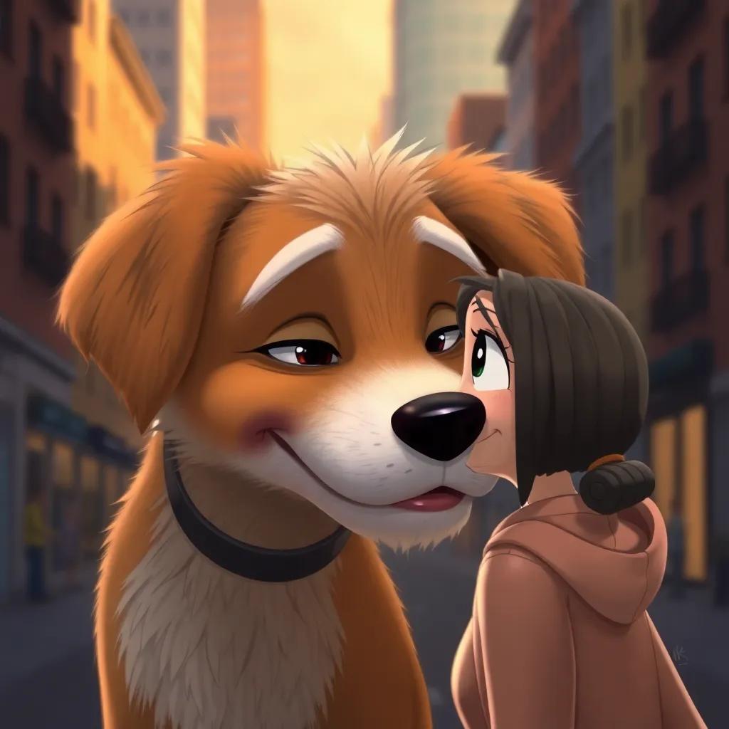 A wise old dog, Max, with fluffy brown fur and kind eyes, smiling gently at Bella to comfort her, city background, strong presence, warm light, detailed illustration