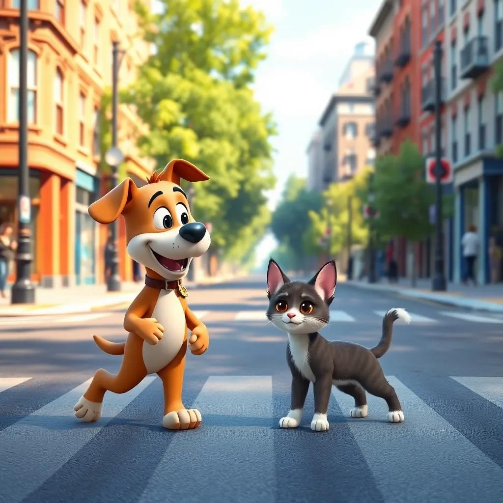 Max the dog crossing the street carefully with Bella the kitten following closely, other animals watching, safety-focused view, colorful, high quality