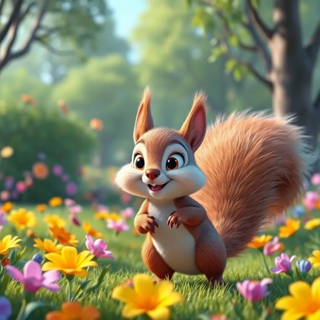 A cheerful squirrel, Sammy, with fluffy tail and bright eyes, showing Bella and Max the way through a park filled with flowers, vibrant colors, playful atmosphere, high quality