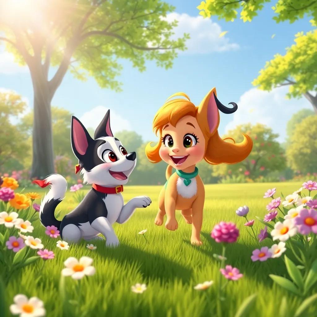 Bella playing in the park with Sammy, having fun among flowers and trees, sun shining down, vibrant and happy scene, high quality