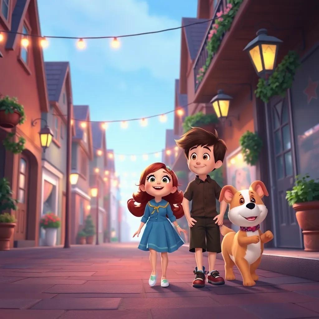 Bella, Max, and Sammy walking along a cozy street, Bella looking excited as she sees familiar sights, warm light glowing, detailed illustration