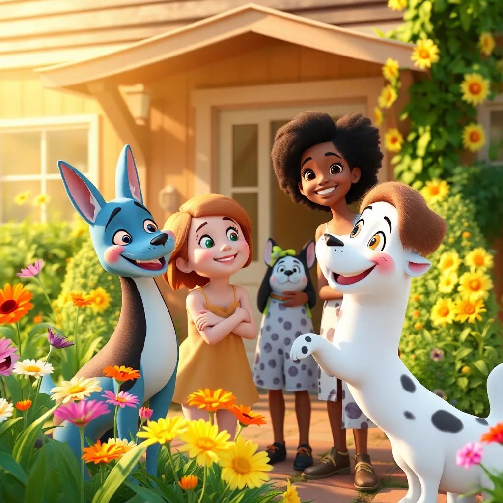 A happy reunion scene of Bella and her friends celebrating by her home, colorful flowers in the garden, cheerful expressions, warm light, high-quality art