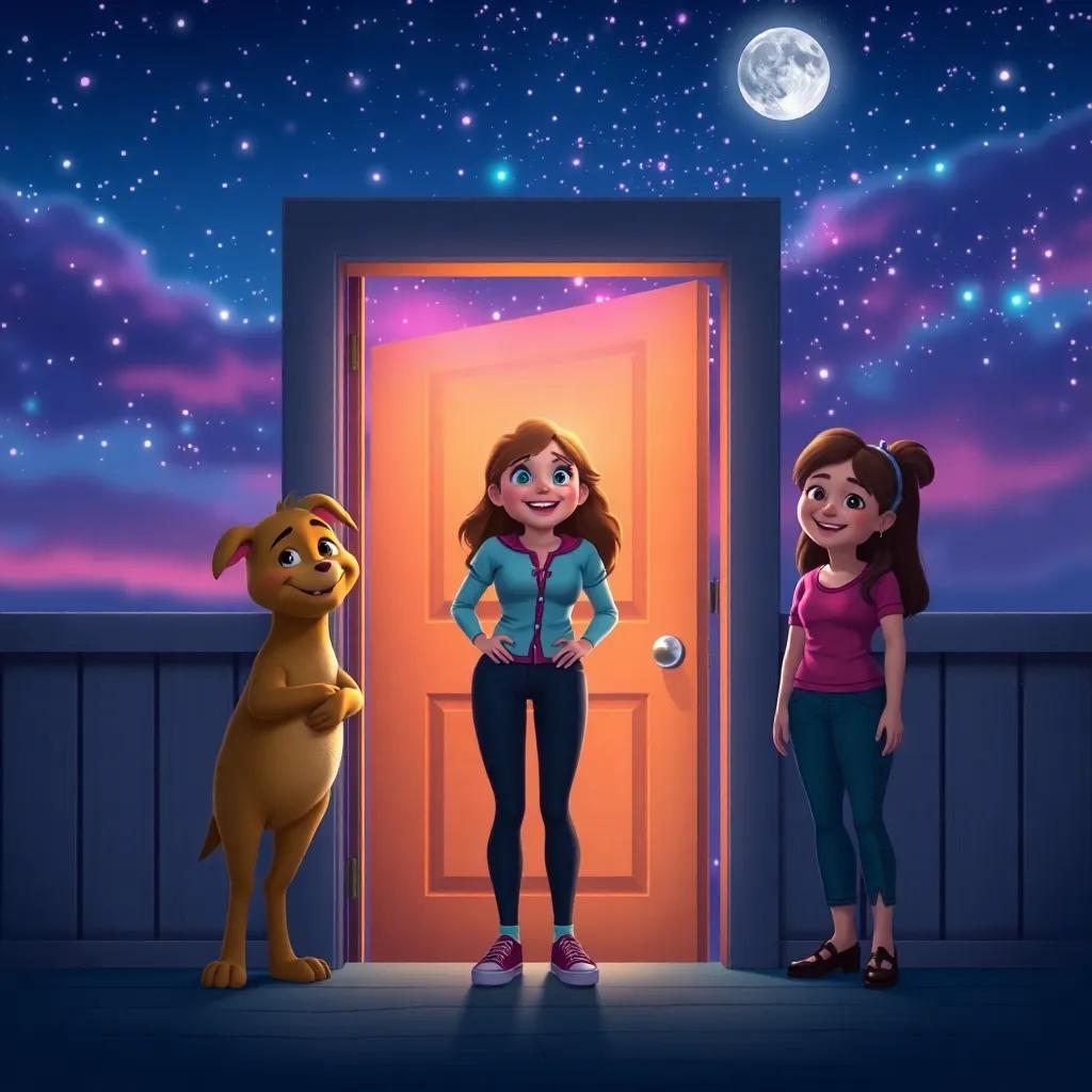 Bella standing happily at her door with her friends beside her, joy radiating from her, colorful night sky behind them, heartwarming moment, high quality