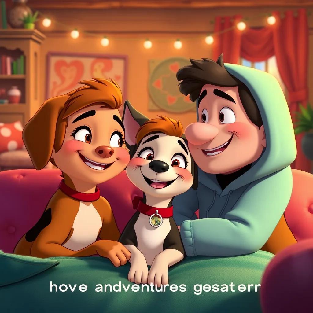 Bella looking content and smiling with Max and Sammy, promising to have more adventures together, cozy atmosphere, vibrant colors, high-quality illustration