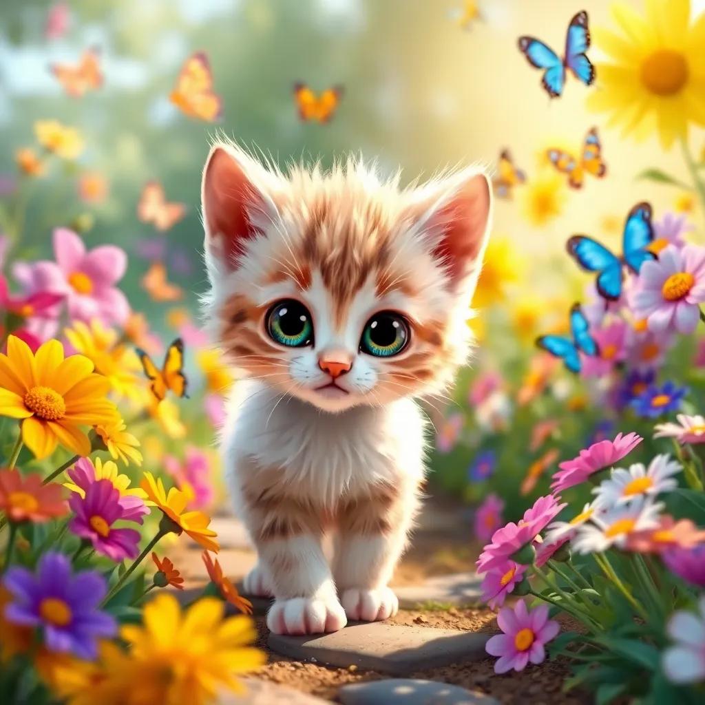 A small, fluffy kitten named Whiskers with big, curious eyes, stepping out into a sunny garden filled with colorful flowers and butterflies, digital art, bright colors, cheerful atmosphere, heartwarming, high quality