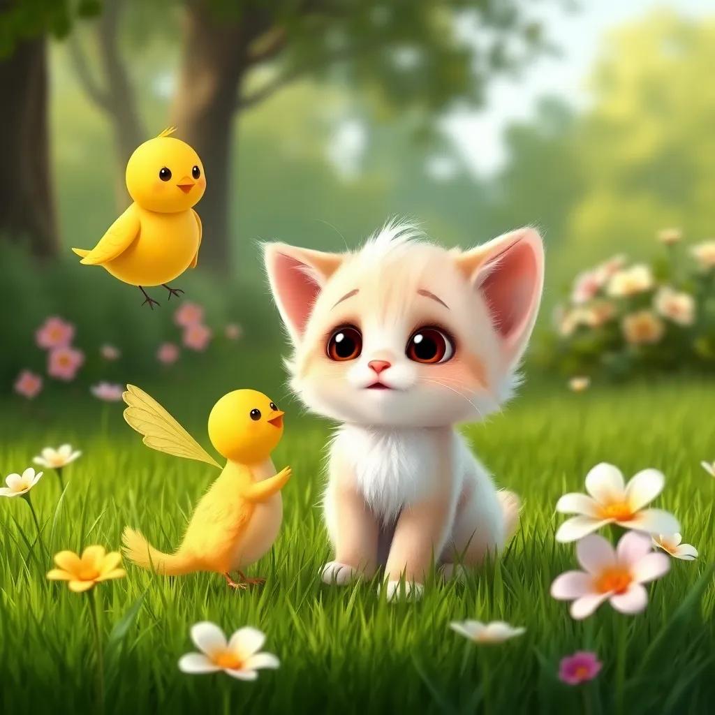 Whiskers, a little fluffy kitten with big eyes, meeting a cheerful yellow bird named Chirpy in the park, surrounded by green grass and blooming flowers, digital illustration, friendly, vibrant, child-friendly, high quality