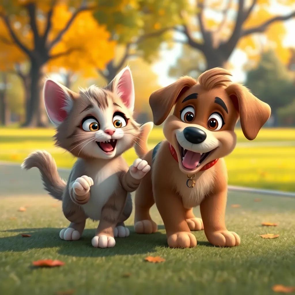 Whiskers, a fluffy kitten, with a friendly puppy named Barkley, who has brown fur and a wagging tail, playing together in the park under the sun, digital art, playful scene, warm colors, joyful atmosphere, high quality