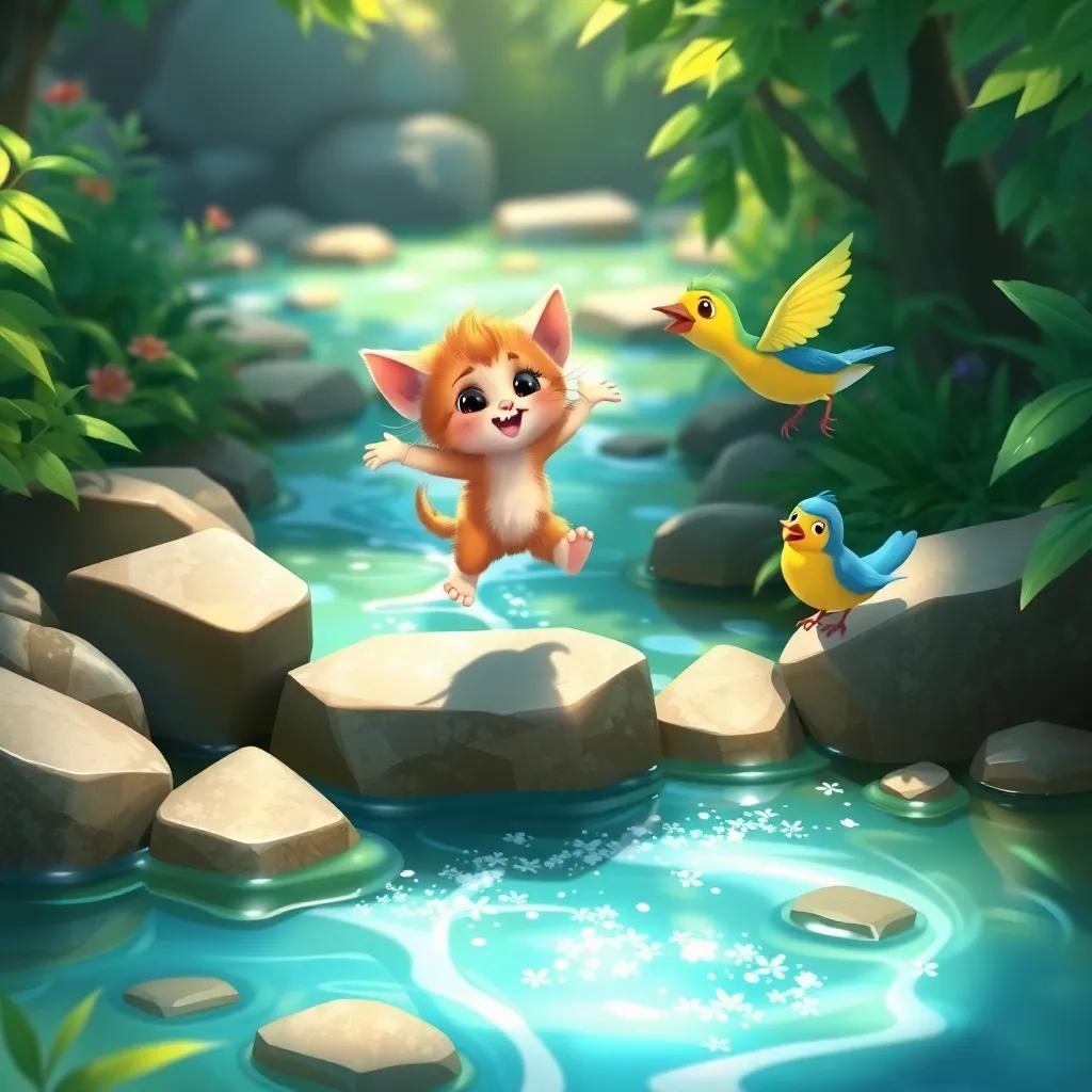 A sparkling stream with Whiskers, a small kitten, jumping courageously from stone to stone, Chirpy the bird cheering her on from the side, lush greenery surrounding them, digital illustration, inspiring, bright colors, cheerful, high quality