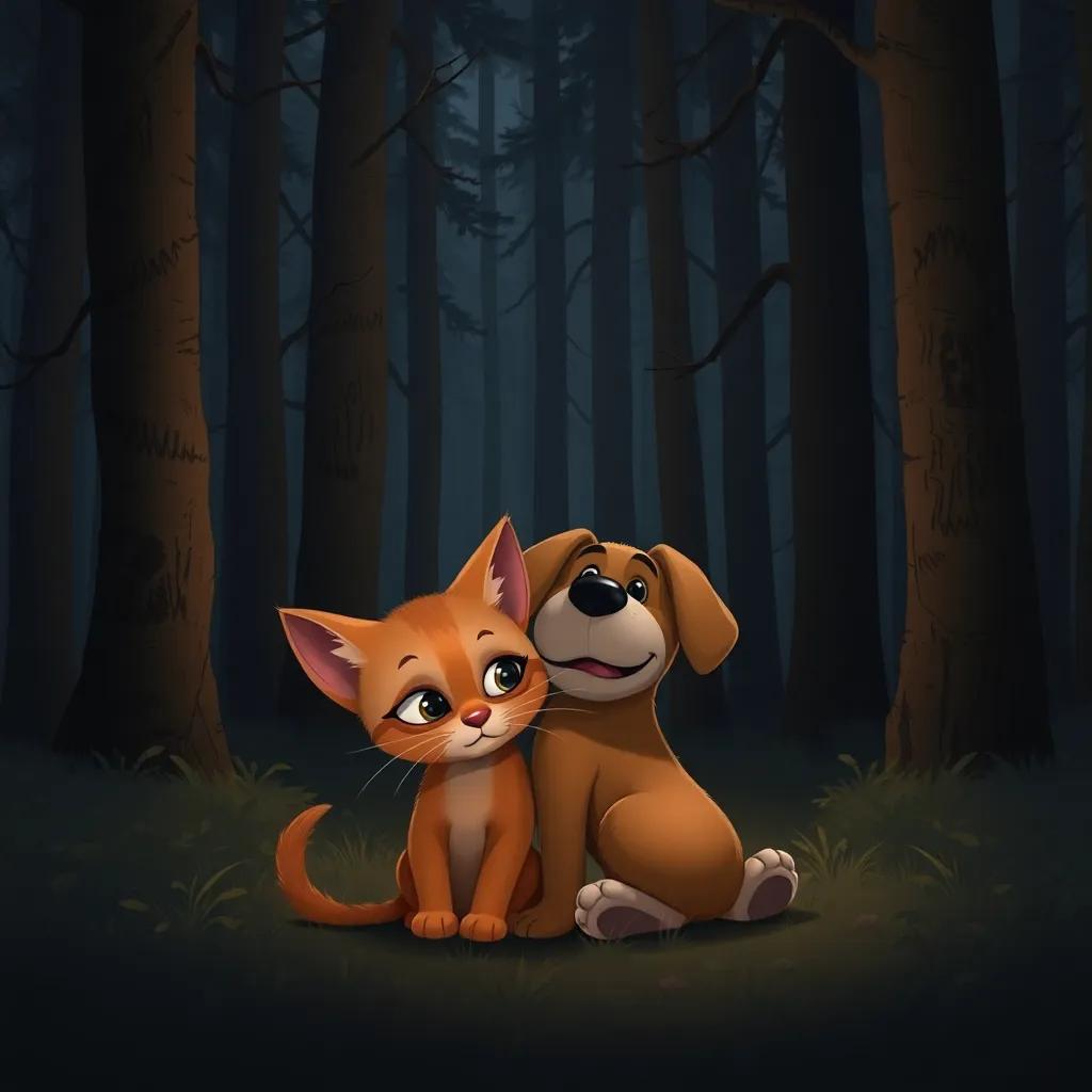 Whiskers the kitten, feeling a bit afraid, snuggled close to Barkley the puppy in a dark, dense forest with tall trees whispering in the wind, digital art, slightly mysterious, warm tones, cute characters, heartwarming, high quality