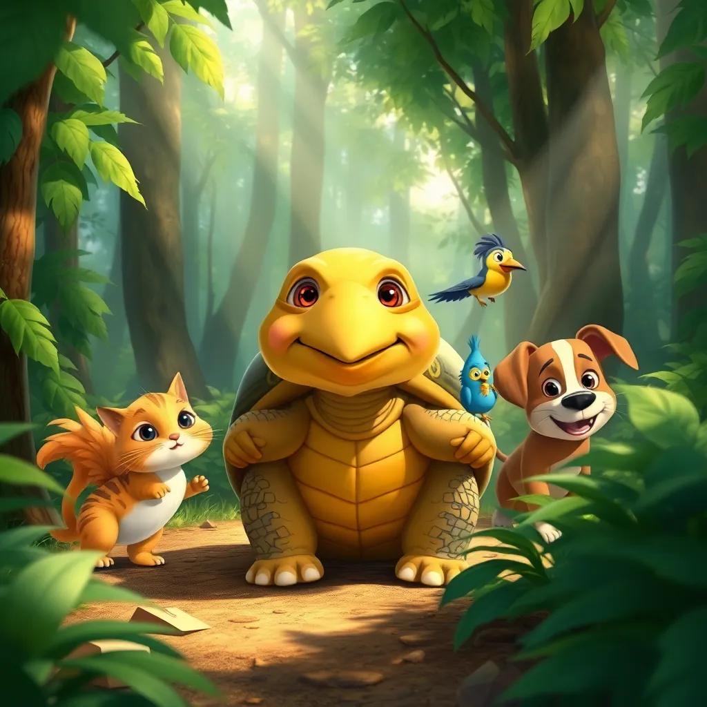A wise old tortoise named Shelly with a charming smile, guiding Whiskers the kitten, Chirpy the bird, and Barkley the puppy through a dense forest, sunbeams filtering through the leaves, digital illustration, enchanting, inviting atmosphere, high quality