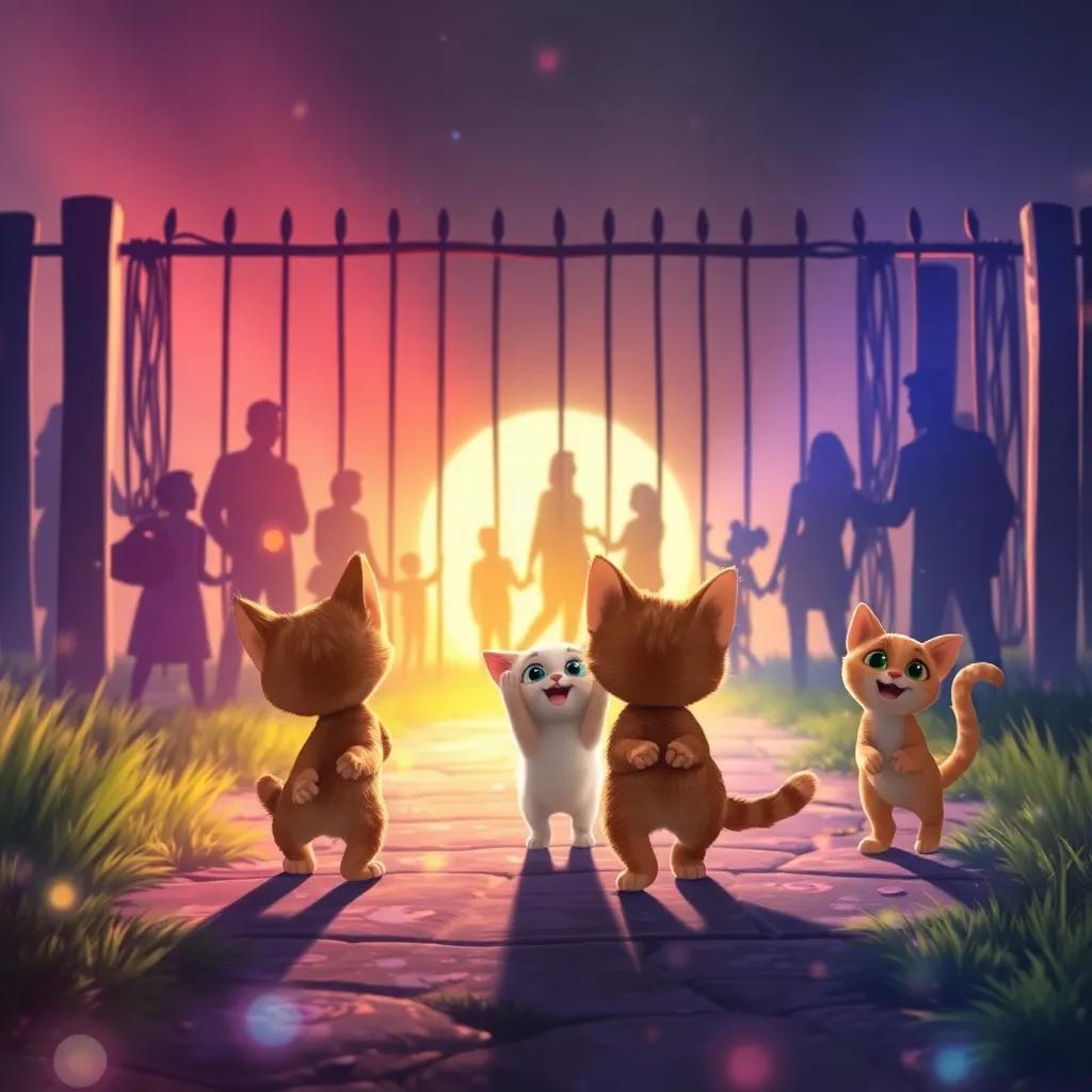 Whiskers, a fluffy kitten, and her friends excitedly approaching a big fence with silhouettes of her family visible on the other side, lots of color and light surrounding them, digital art, vibrant, heartwarming reunion scene, high quality