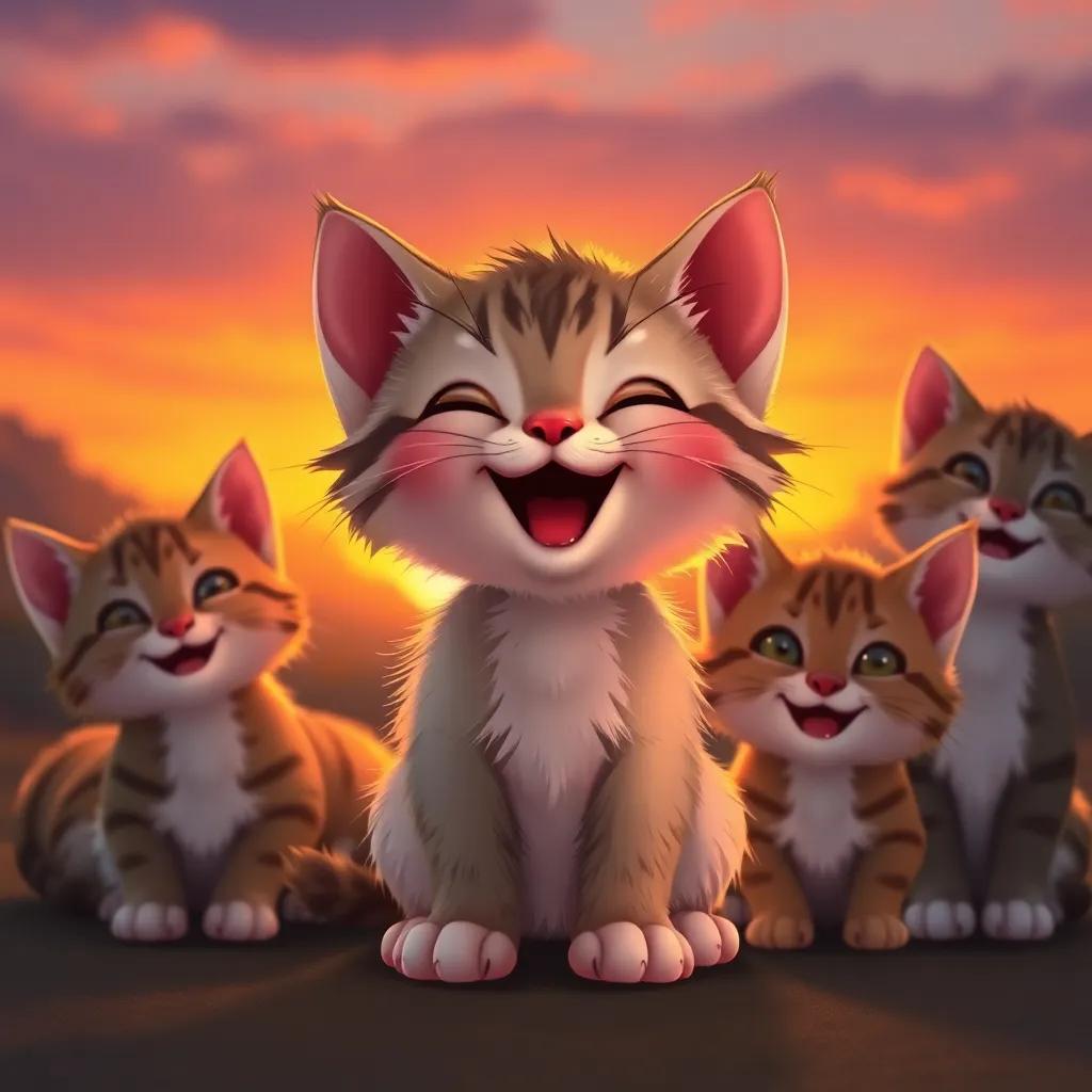 Whiskers, a small kitten with joy on her face, reunited with her family who are all purring happily as the sun sets behind them, creating a magical atmosphere with warm colors, digital illustration, enchanting, joyful, high quality