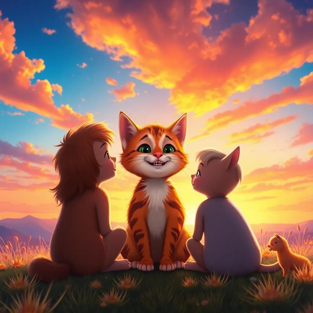 A colorful sunset painting the sky as Whiskers, the kitten, sits happily surrounded by her family, remembering her friends and adventures, digital art, bright and vibrant colors, uplifting atmosphere, high quality