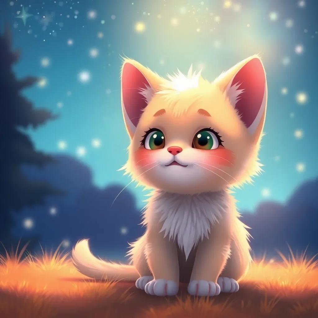Whiskers, a fluffy kitten, with a dreamy look, imagining future adventures with her friends under a starlit sky, magical and hopeful ambiance, digital illustration, inspiring colors, heartwarming, high quality