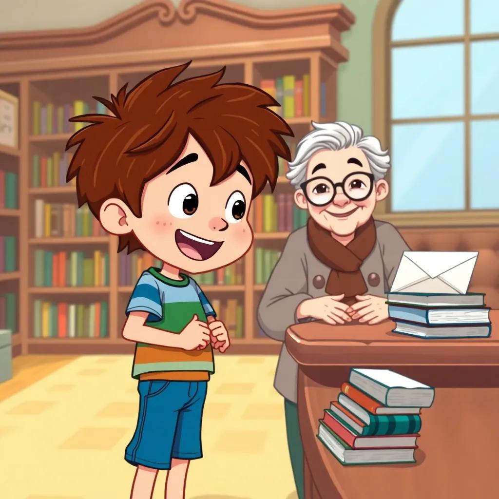 A young boy, Jake, with messy brown hair, excitedly approaching an elderly librarian, with glasses and a warm smile, standing at a beautiful wooden desk filled with books and an envelope, illustration, cheerful colors, friendly atmosphere, high quality