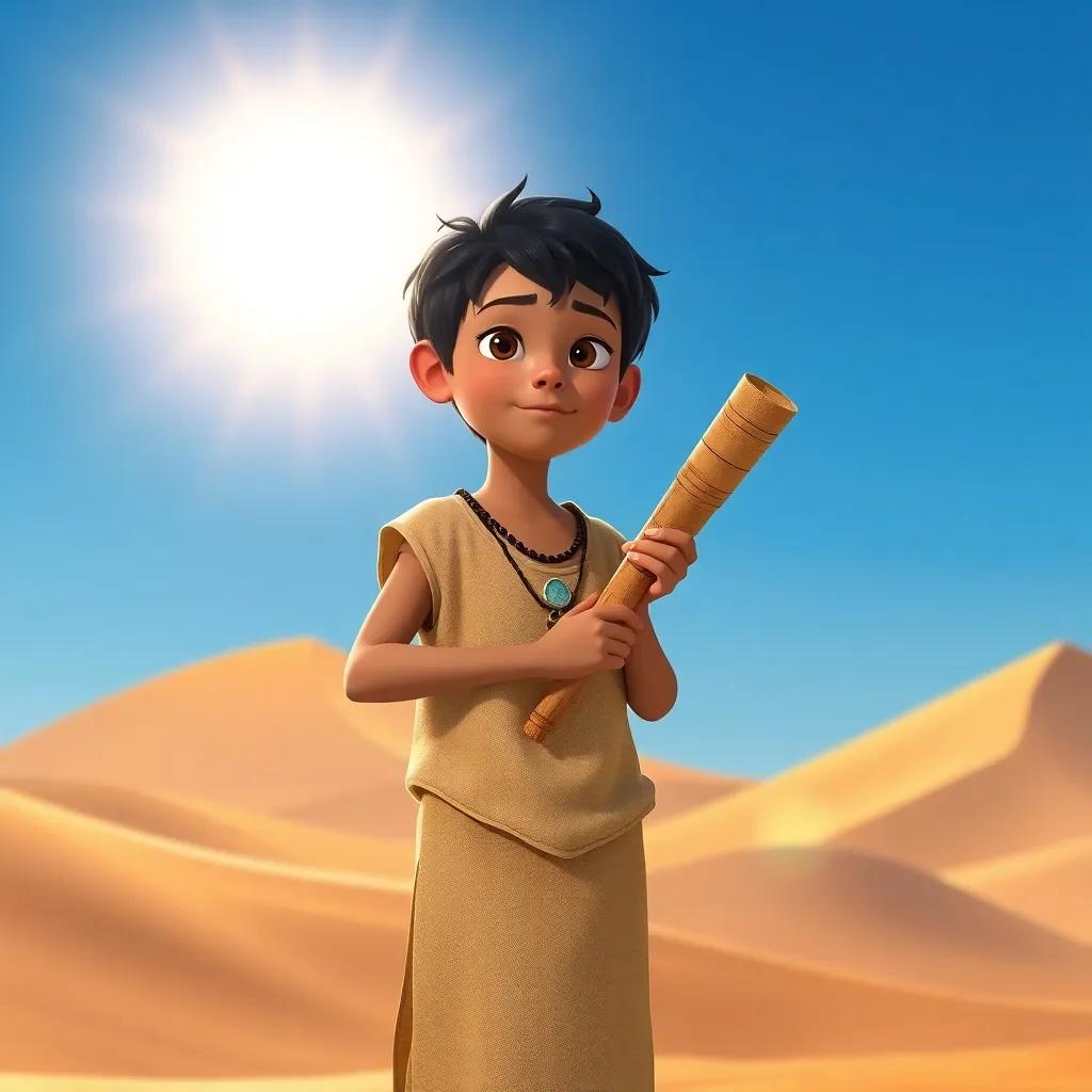 A young boy, Nefer, with dark hair, wearing a simple linen tunic, standing in the sun with an old papyrus in his hands, surrounded by sand dunes and a bright blue sky, digital art, vibrant colors, adventurous atmosphere, high quality