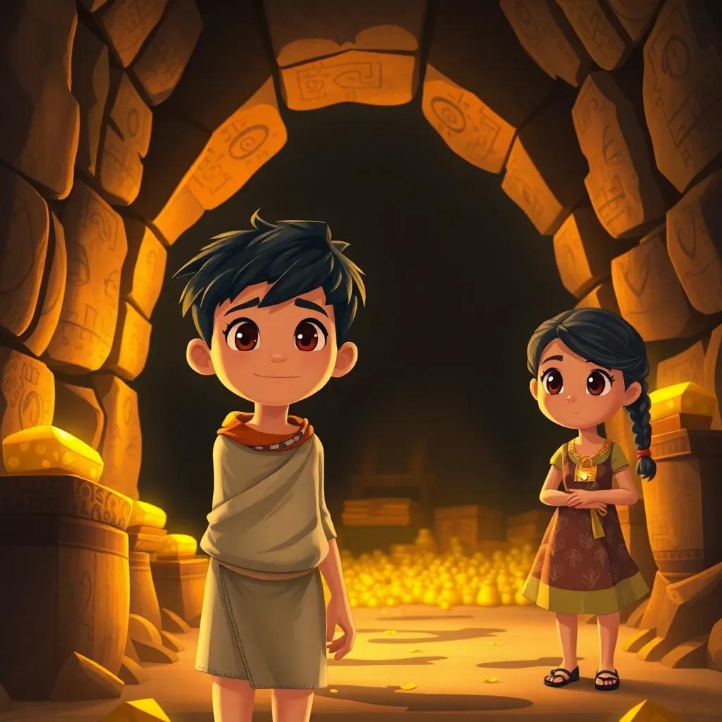 A young boy, Nefer, with dark hair, wearing a simple linen tunic, entering a grand dark tomb filled with golden treasures, with Meryt, a young girl with braided hair, in a colorful dress beside him, detailed illustration, warm golden hues, magical ambiance, high quality