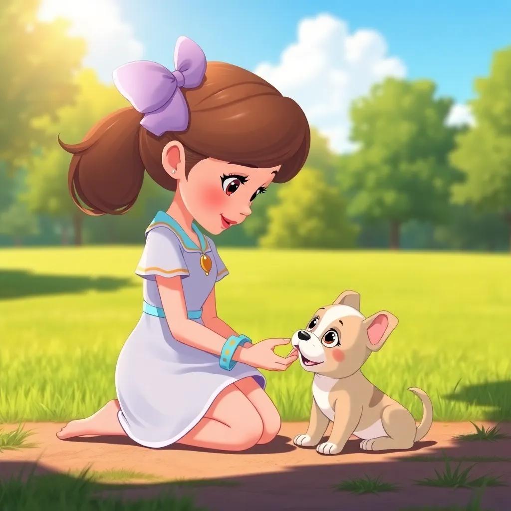 Daisy kneeling down, petting a small puppy, sunny park background with green grass and blue sky, detailed illustration, warm light