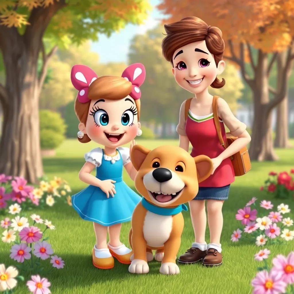 Daisy and a friendly lady, both smiling, searching the park for puppy's owner, with trees and flowers around, cheerful atmosphere, lively colors