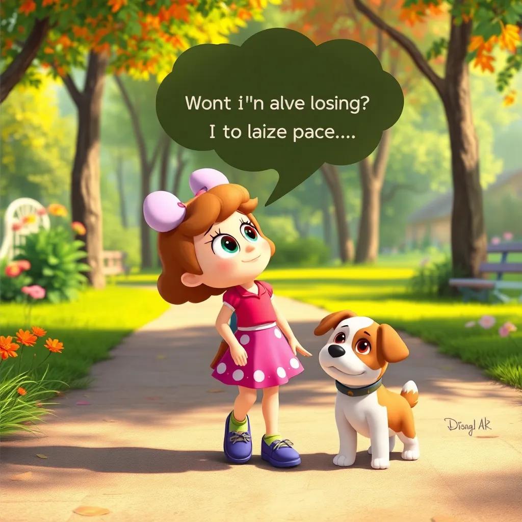 Daisy thinking about losing a pet, walking in the park with the puppy by her side, imagining sad owner, colorful surroundings, thoughtful expression, child-friendly
