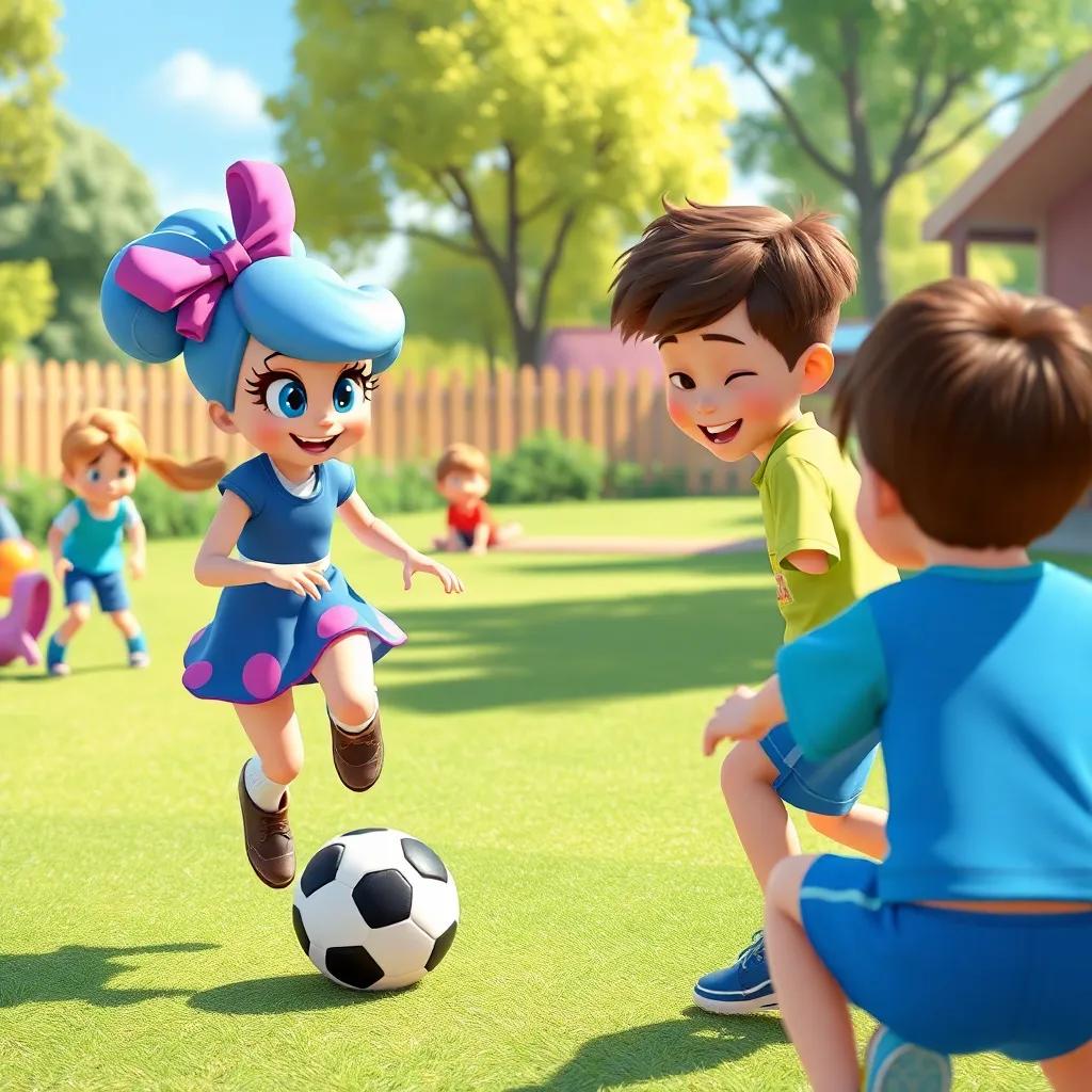Children playing soccer in a playground, Daisy showing the lost puppy to a boy with a blue hat, joyful scene, bright and colorful, adventure-inspired