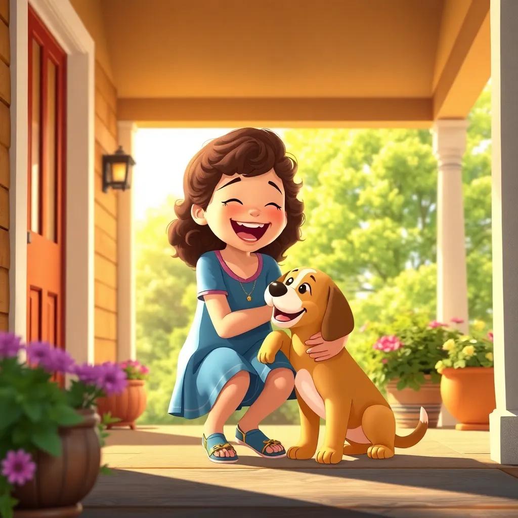 A girl with curly hair, Lily, joyfully reuniting with Max the puppy at her front porch, emotional moment, bright sunny day, warm and happy atmosphere