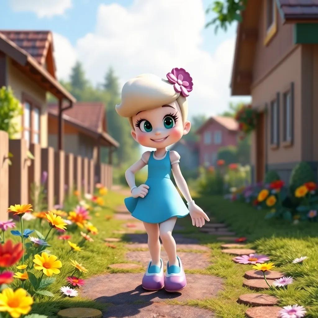 Daisy smiling proudly after helping reunite Max and Lily, walking home with happiness in her heart, colorful path with flowers, cheerful vibe
