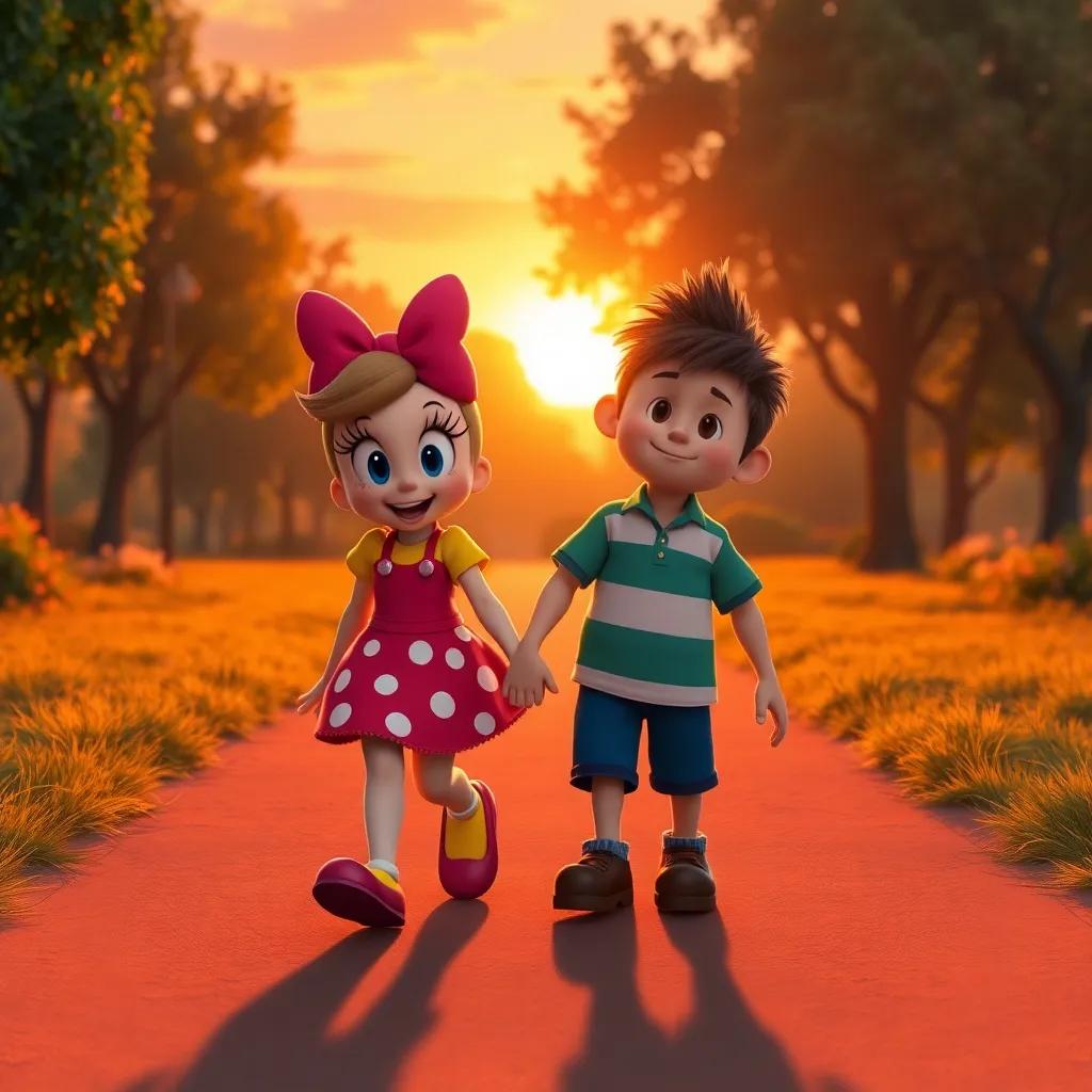 Daisy and Max walking together in the park during sunset, highlighting their friendship with a warm glow, heartwarming scene, joyful spirit