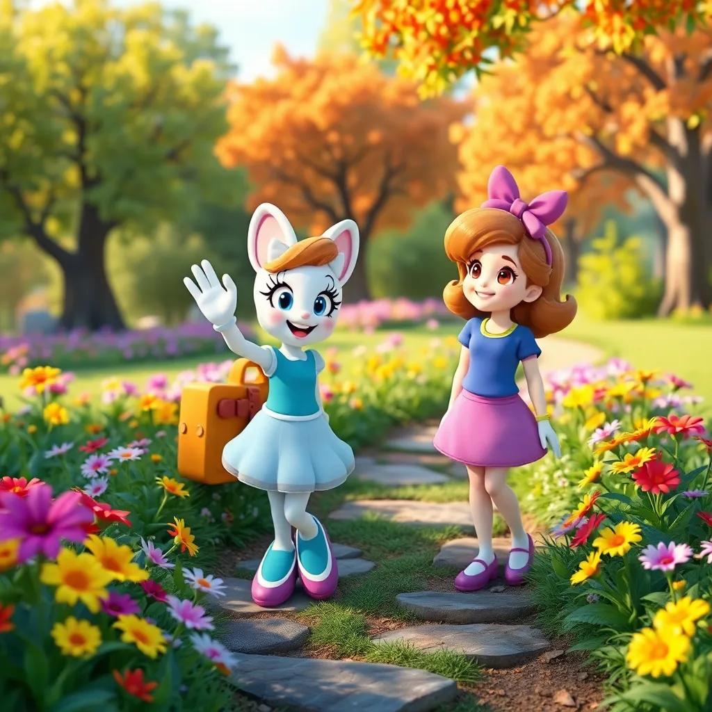 Daisy waving goodbye to Max and Lily, feeling fulfilled after the adventure, surrounded by colorful flowers and trees, uplifting and bright atmosphere