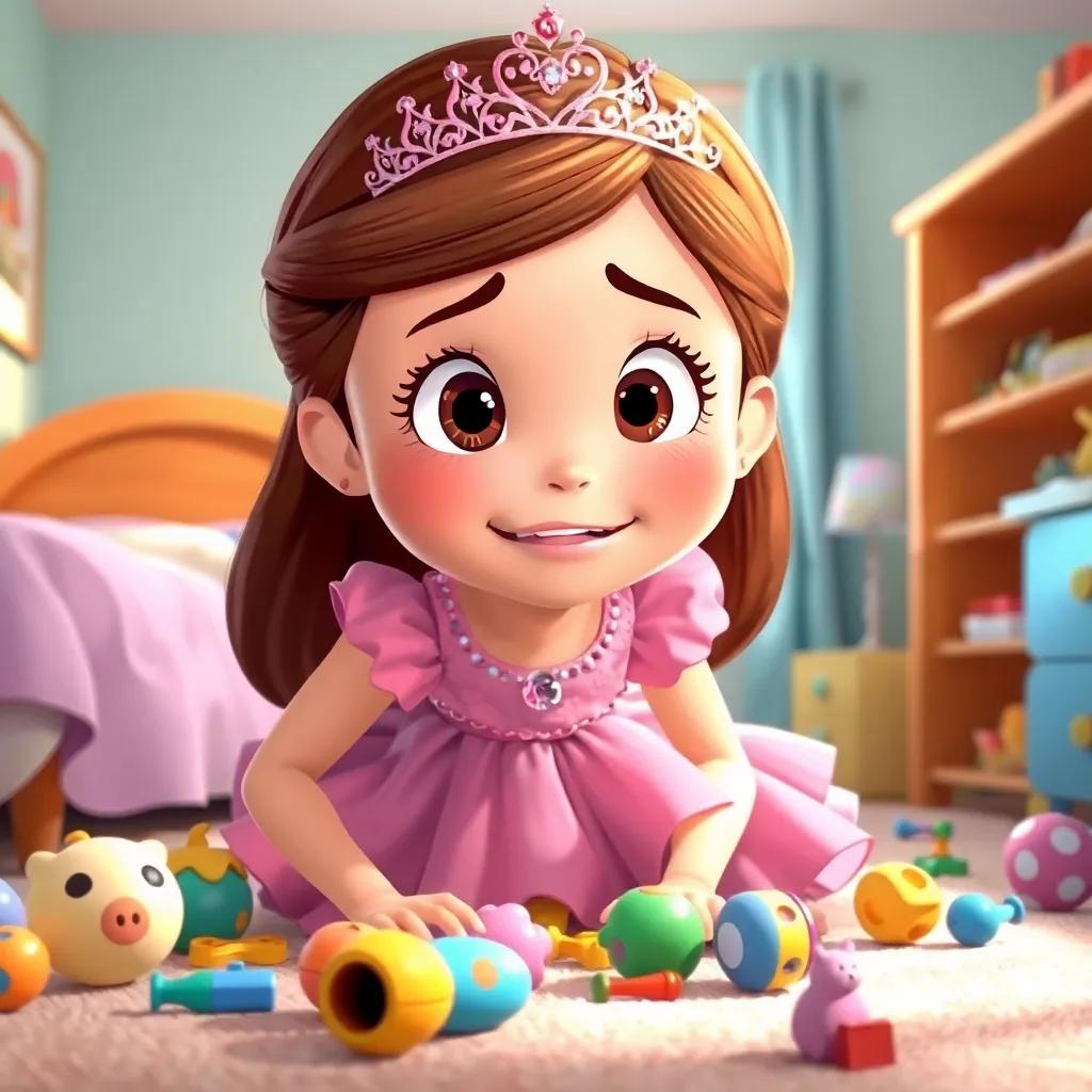 A cheerful girl, Molly, with long brown hair, wearing a pink dress and a tiara, searching under her bed with a worried expression, bright, sunny bedroom, colorful toys scattered, digital art, joyful atmosphere, soft lighting, high quality