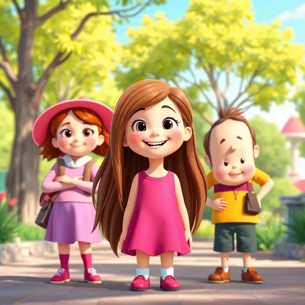 Molly, a cheerful girl with long brown hair in a pink dress, standing outside with her friends Sarah and Jake, who are wearing colorful clothes, looking determined and ready to search, sunny park background, vibrant colors, child-friendly illustration, engaging perspective, high quality