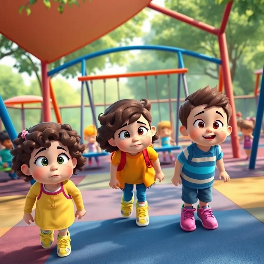 Molly, Sarah with curly brown hair, and Jake in bright sneakers, searching the playground filled with smiling children, swings in the background, feeling excited yet a bit worried, colorful playground view, lively colors, inviting atmosphere, detailed digital art, high quality